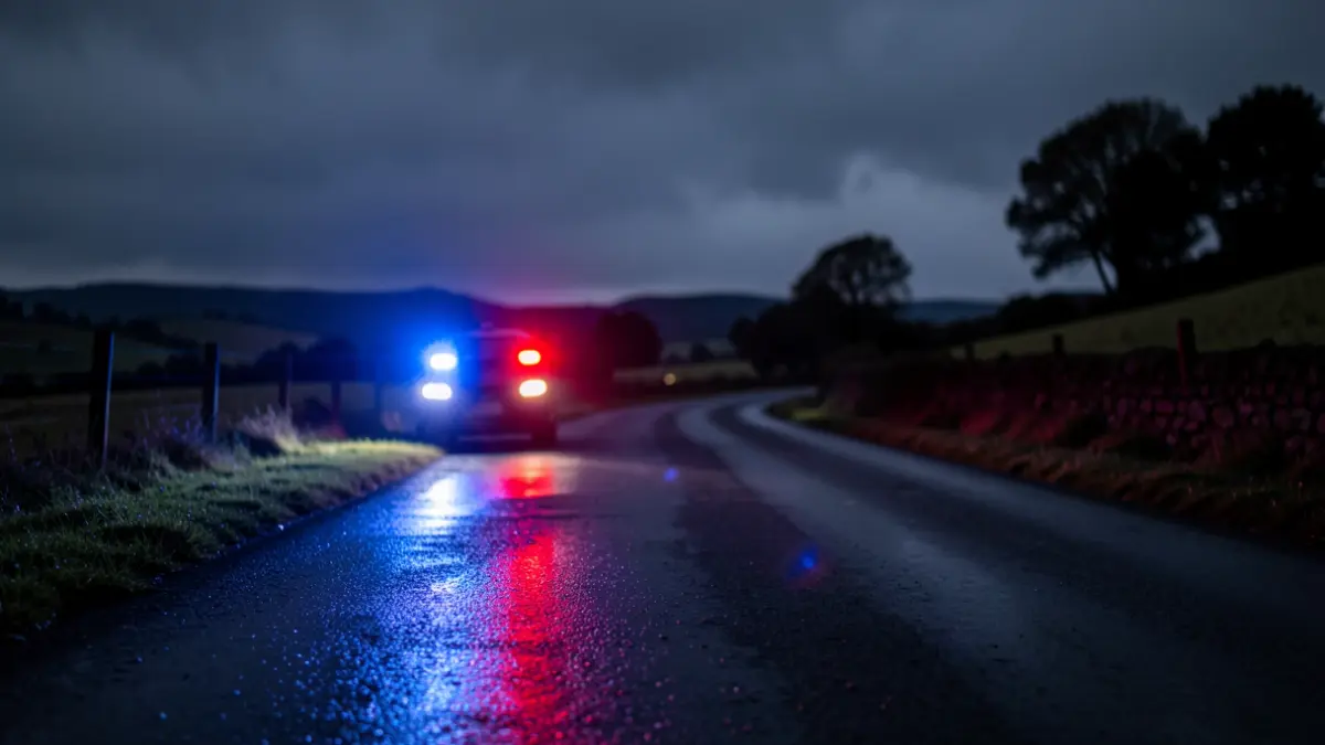 Imaxe xenérica de luces de emerxencia reflectindo nunha estrada mollada pola noite.
