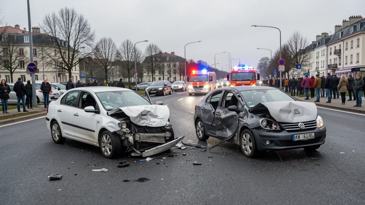 Imaxe xenérica dun accidente de tráfico nunha rotonda con luces de emerxencia.