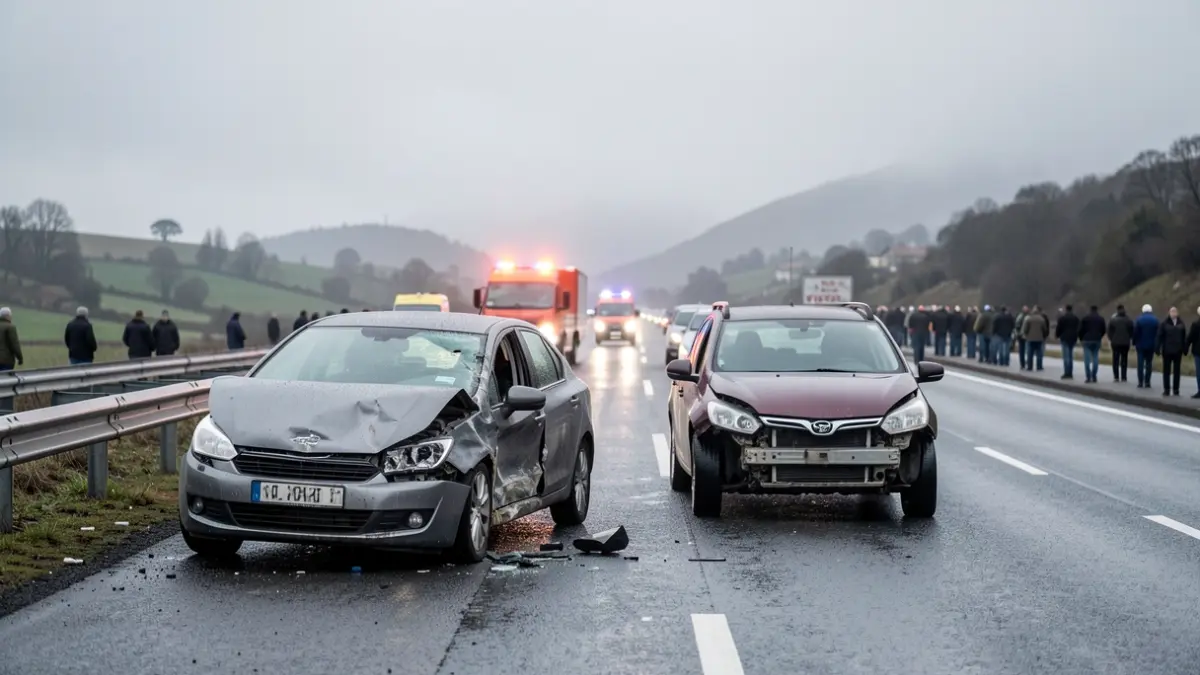 Imagen genérica de dos coches accidentados en una carretera gallega con luces de emergencia.