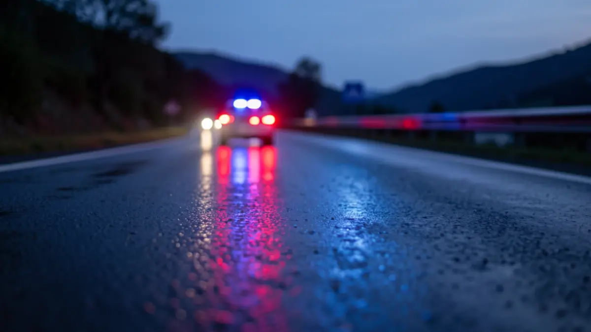 Imagen genérica de luces de emergencia reflejadas en una carretera mojada por la noche.