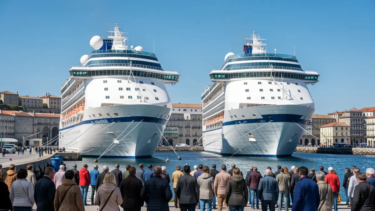 Dous grandes cruceiros atracados no porto de Vigo, Galicia, cun ceo azul despexado e arquitectura de granito ao fondo.