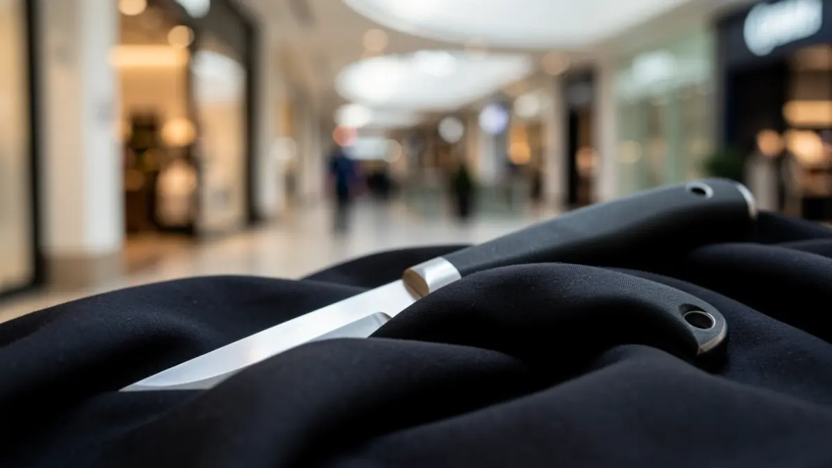 Primer plano de un cuchillo oculto bajo ropa, con un centro comercial desenfocado al fondo.