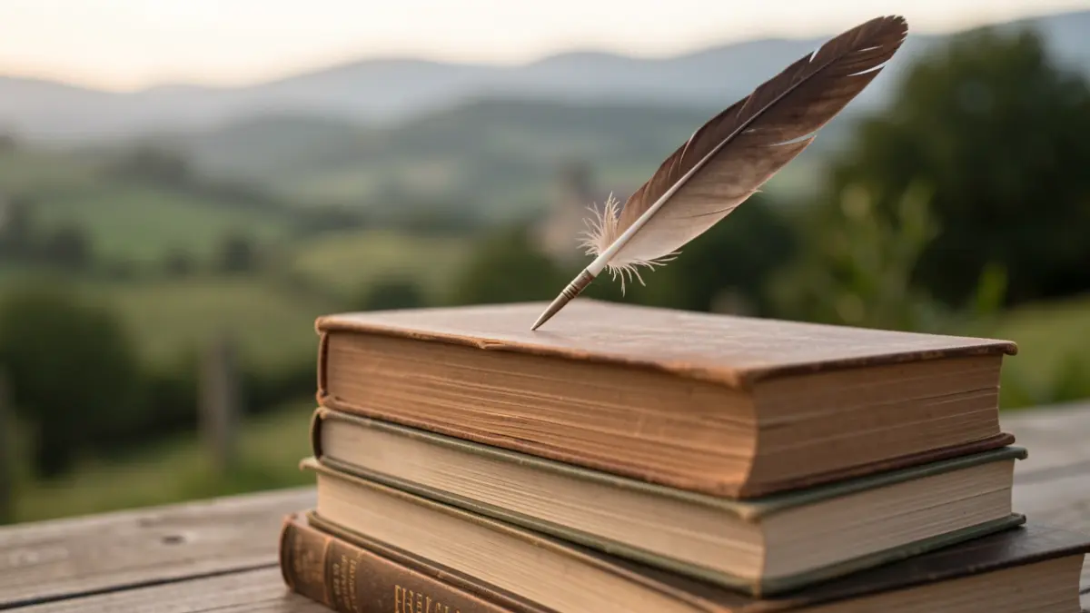 Primeira plana dun libro cunha pluma enriba, con fondo difuminado dunha paisaxe galega.