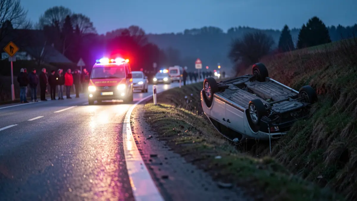 Imaxe xenérica dun accidente de tráfico na estrada N-120 ao anoitecer, cun coche envorcado na cuneta e luces de emerxencia.