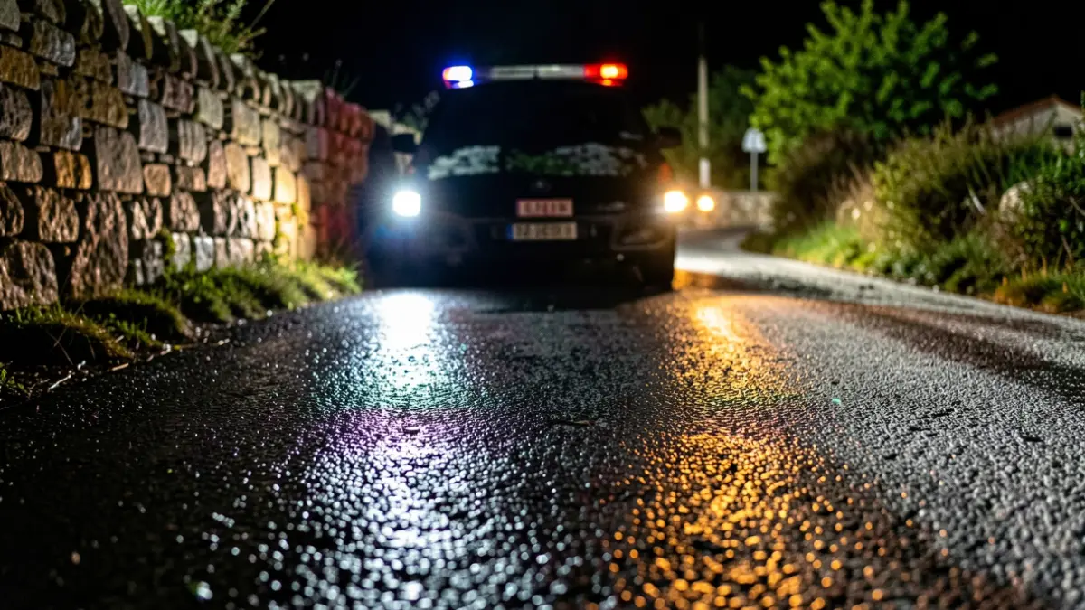 Imaxe xenérica de luces de emerxencia reflectidas no asfalto mollado pola noite, con muros de pedra e vexetación verde ao fondo.