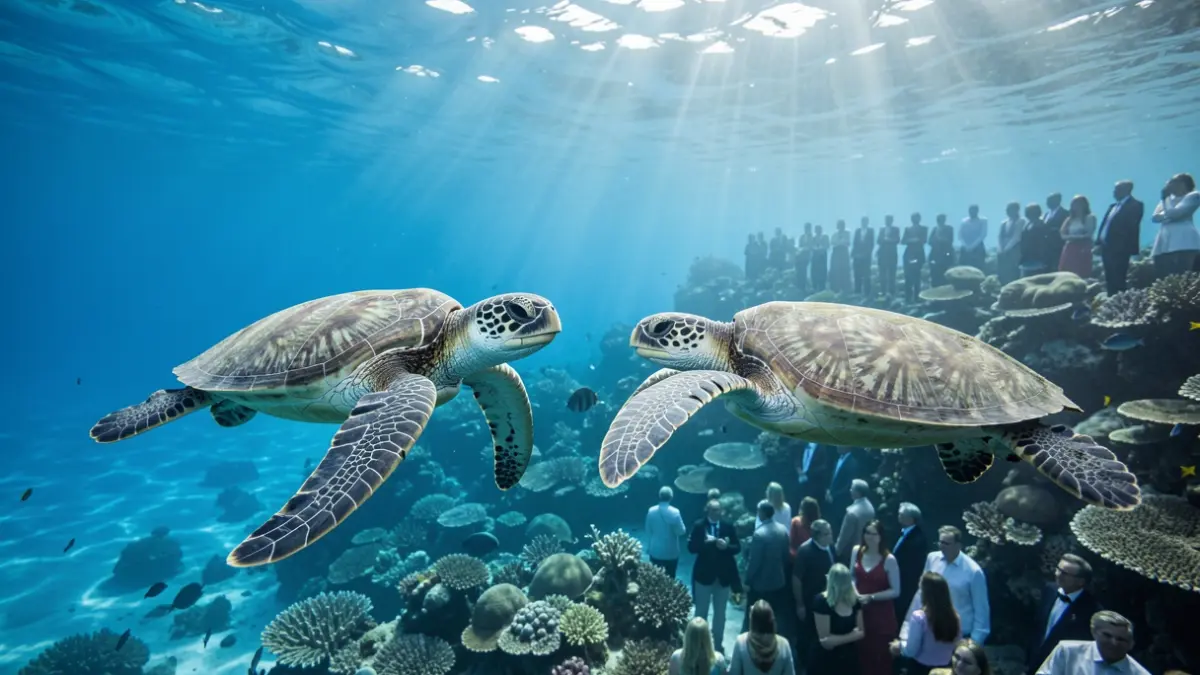 Dos tortugas marinas nadando en aguas oceánicas azules claras.