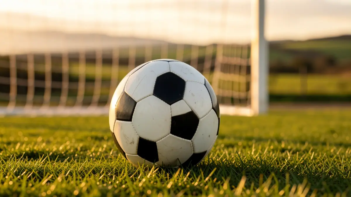 Imaxe xenérica dun balón de fútbol sobre herba cunha rede de meta desenfocada ao fondo.