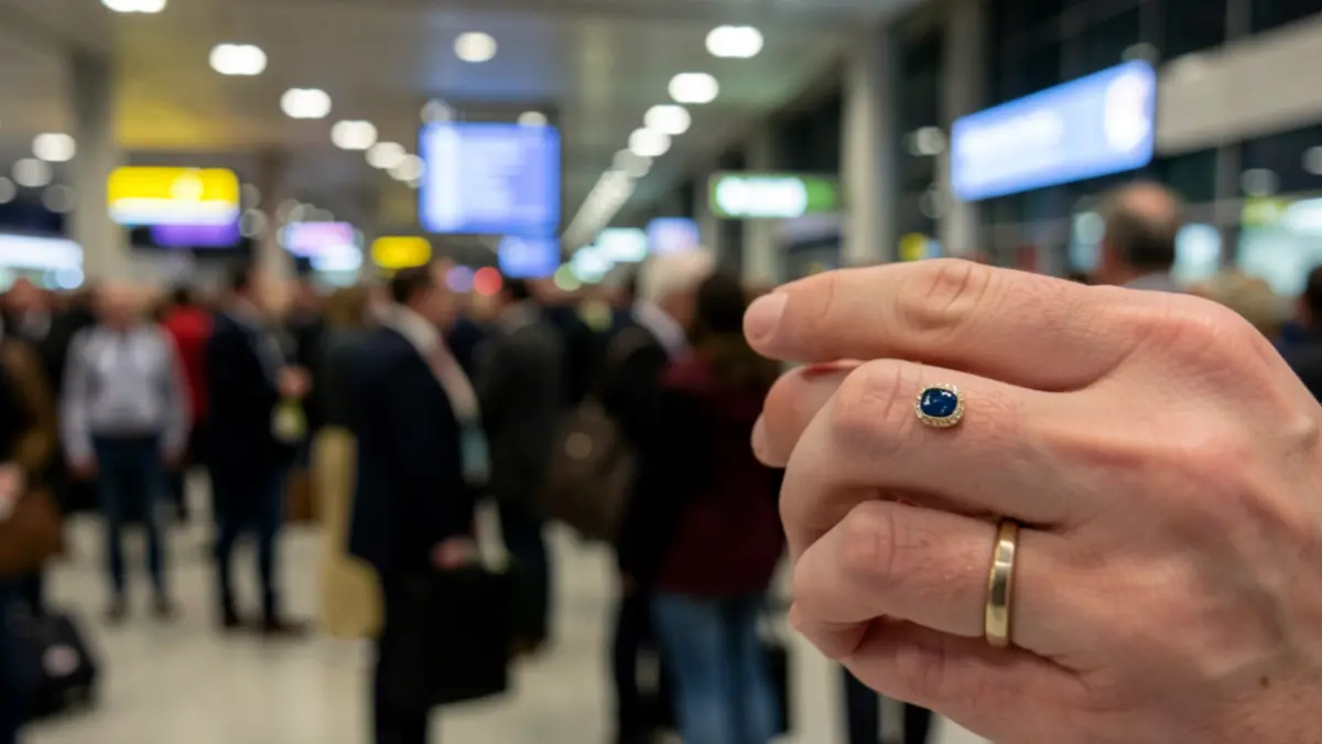 Primeira plana dun anel papal na man dunha persoa, con luces de aeroporto e xente borrosa de fondo.