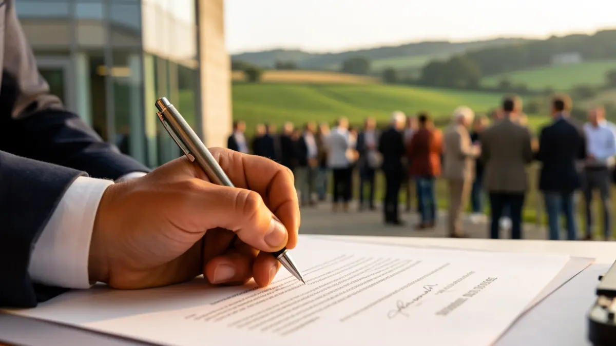 Imagen genérica de manos firmando un documento en una oficina con fondo de paisaje gallego.