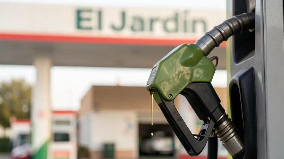 Imaxe dun surtidor de gasoliña cun goteo de gasóleo e o cartel da gasoliña 'El Jardín' ao fondo.