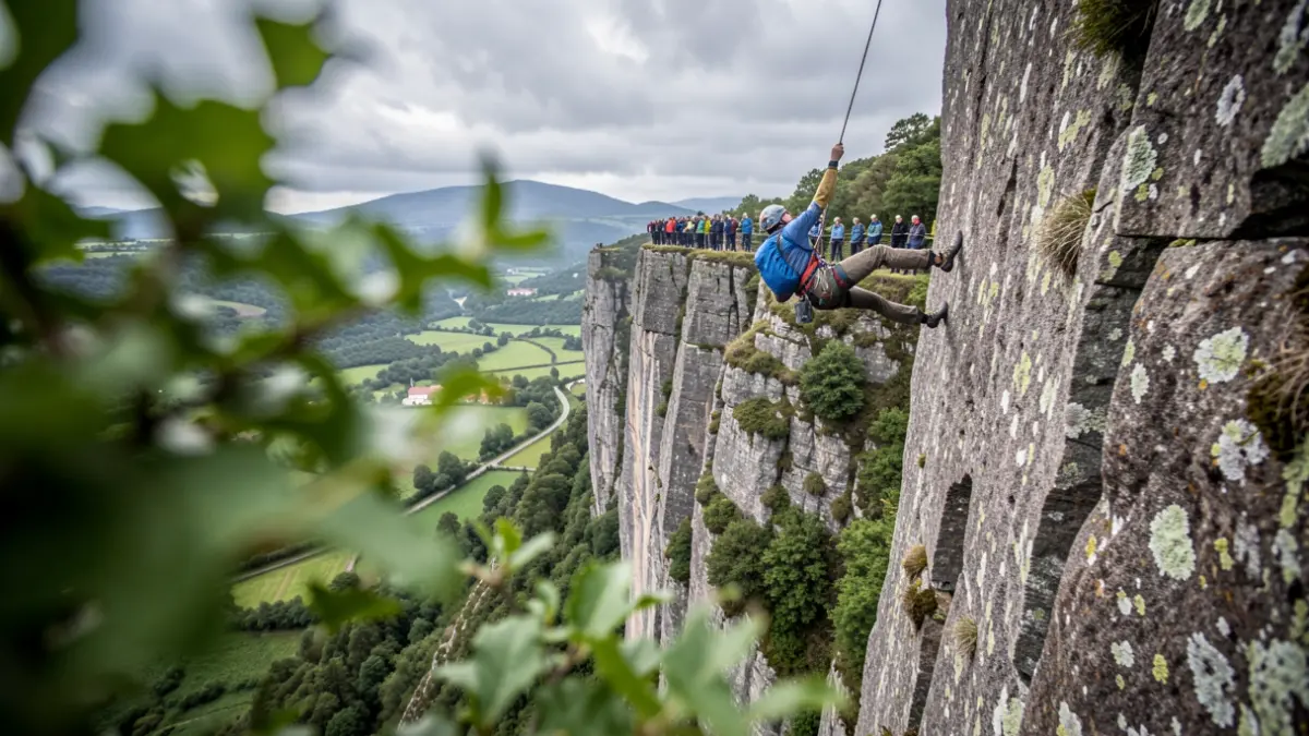 Imaxe xenérica dun escalador en perigo durante unha caída nunha zona de difícil acceso en Galicia.
