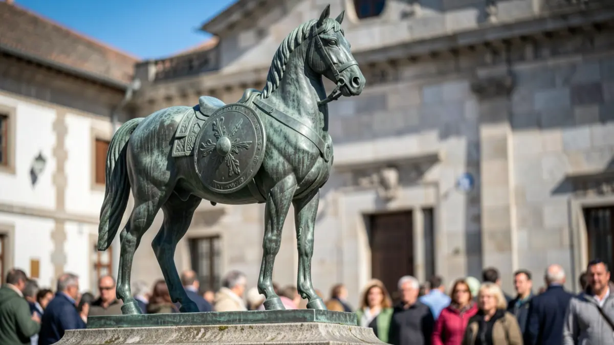 Imaxe dunha escultura de cabalo de bronce con escudos, nun pedestal de pedra diante dun concello galego.