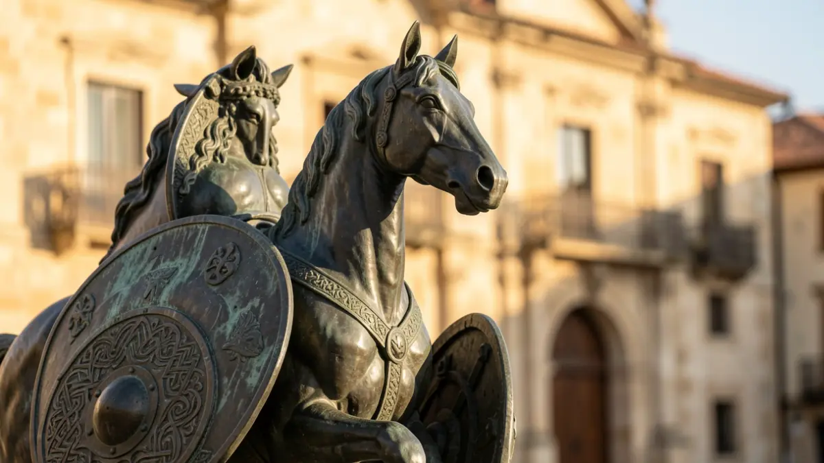 Imagen de una escultura de caballo de bronce con escudos romano y castrexo.