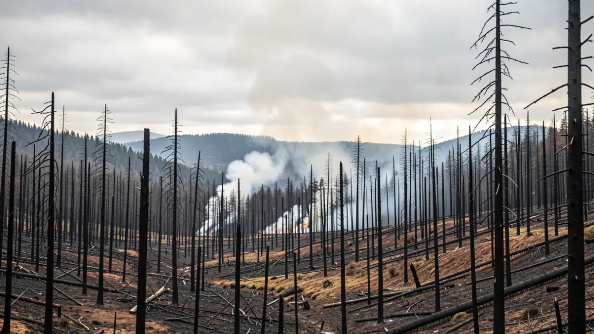 Imaxe xenérica de incendio forestal en Galicia con árbores calcinadas e fume.