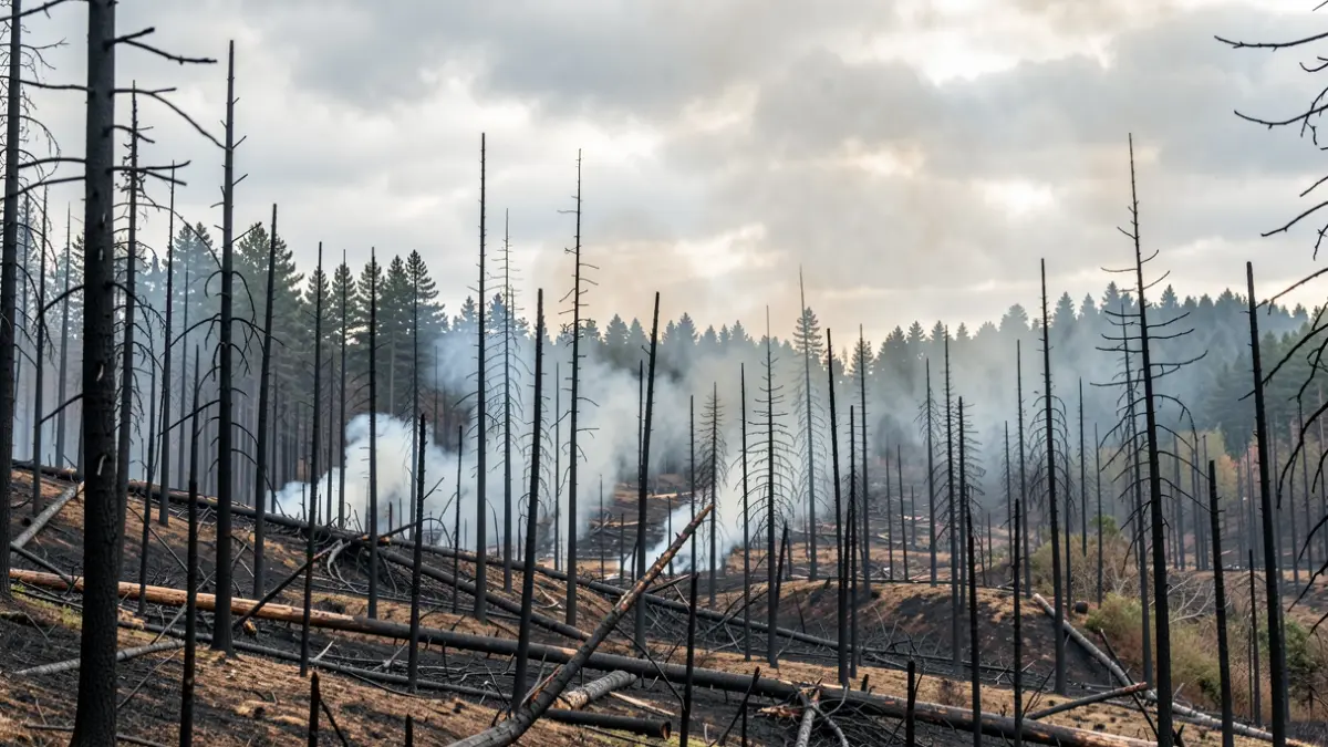 Imaxe xenérica de incendio forestal en Galicia con árbores calcinadas e fume.