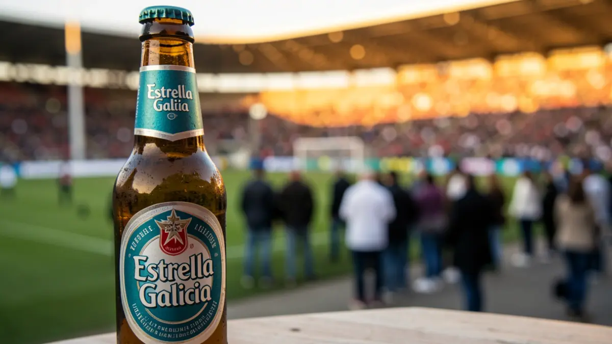 Primeira imaxe dunha botella de Estrella Galicia cun estadio de fútbol desenfocado ao fondo.