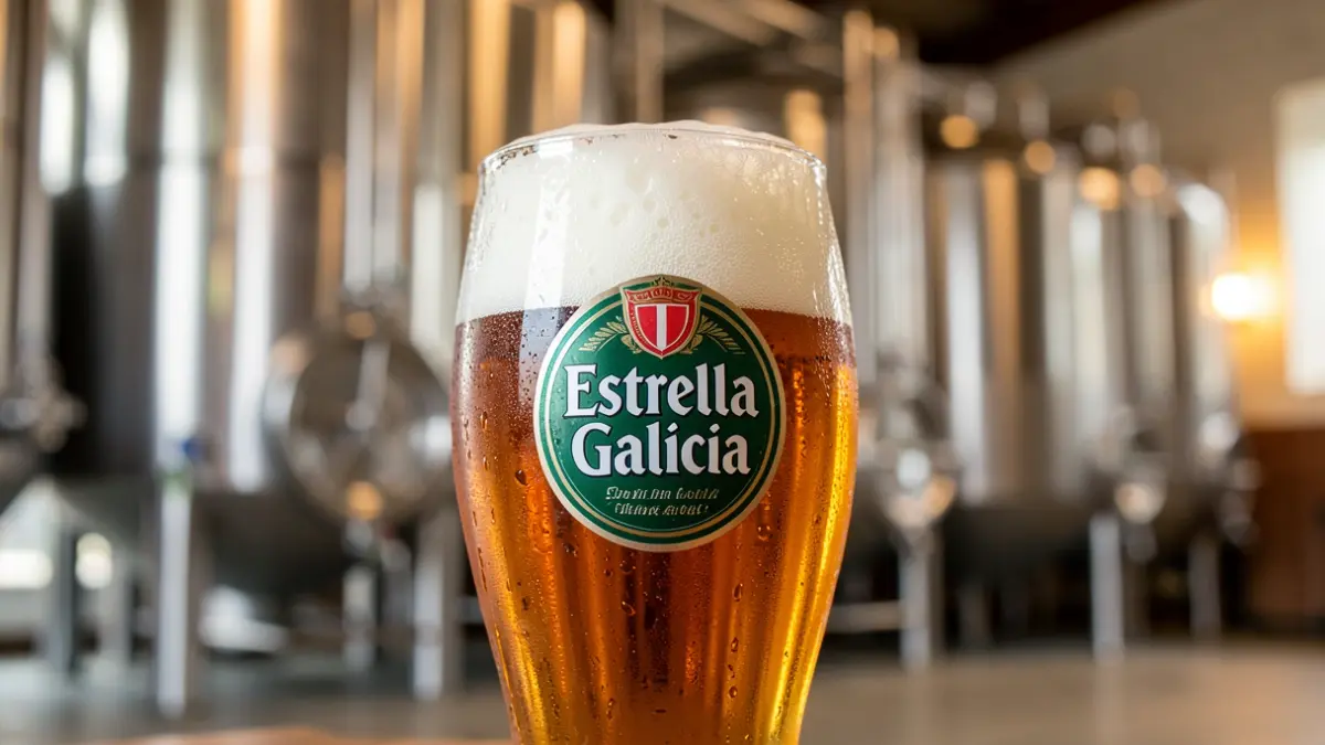 Primeira imaxe dun vaso de cervexa Estrella Galicia con escuma, nun interior de fábrica.