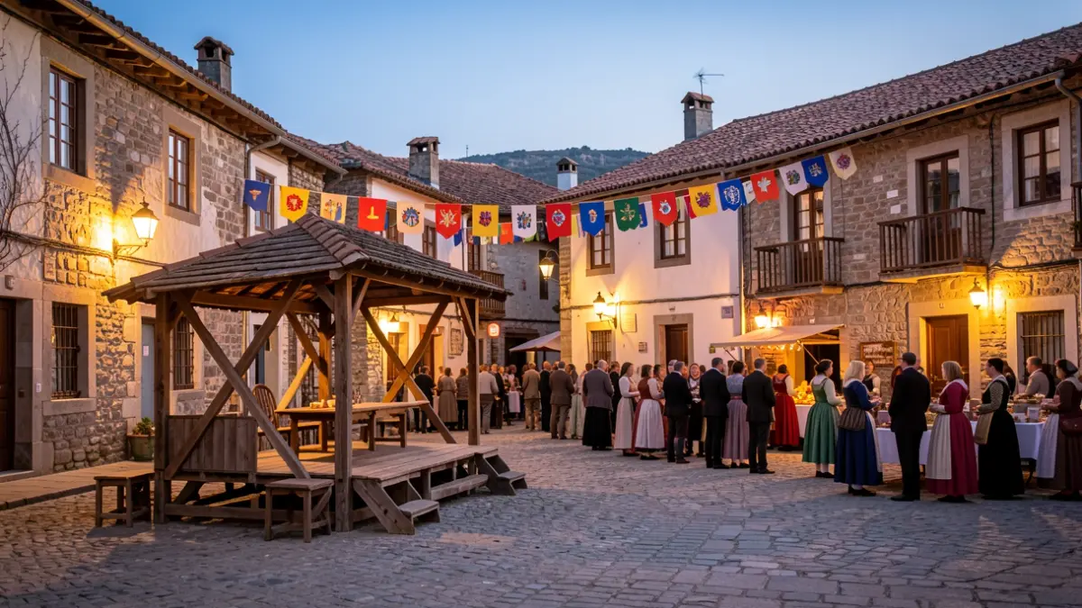 Imaxe xenérica dunha praza de aldea galega ao atardecer, con escenario e decoración festiva.