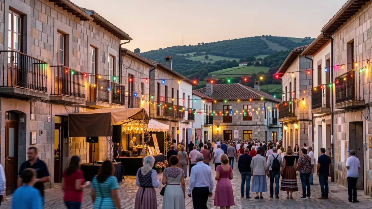 Imagen genérica de una plaza de aldea gallega al anochecer, con escenario para una verbena, luces de colores y arquitectura de granito.