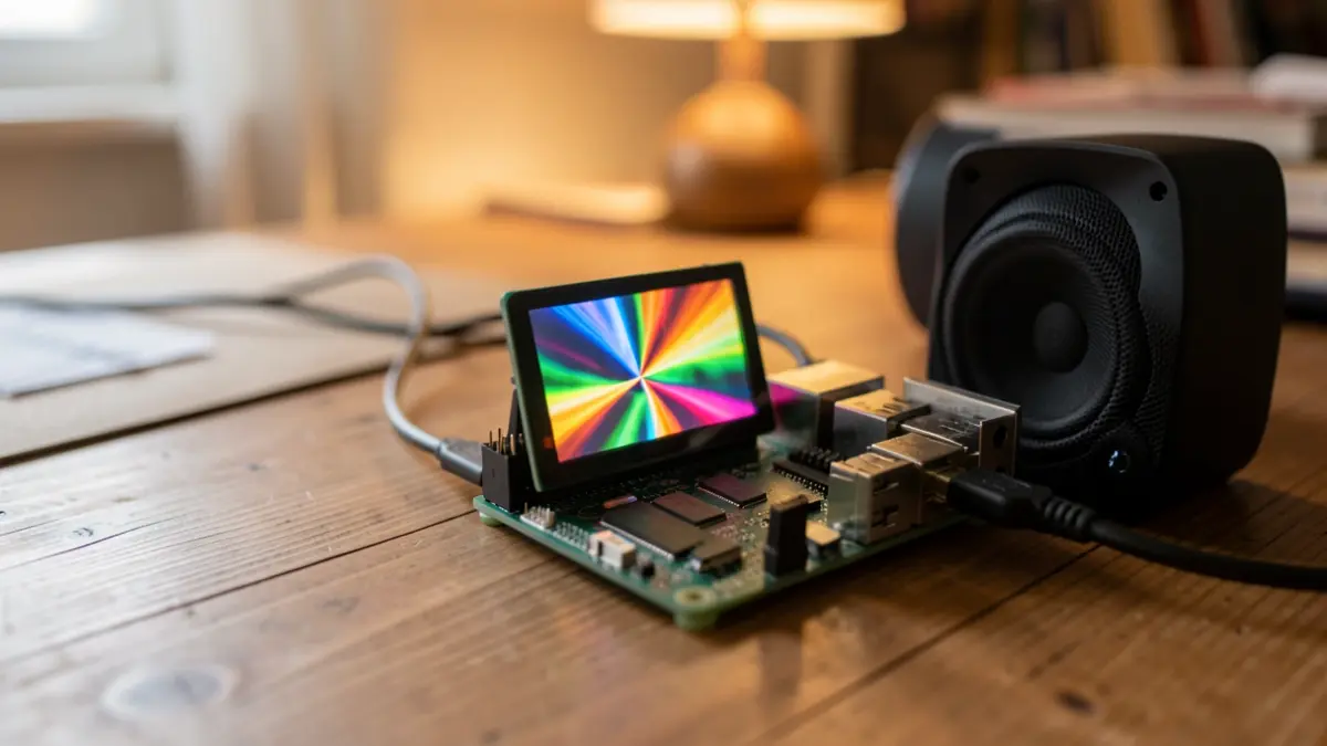 Imagen genérica de un ordenador Raspberry Pi con una pantalla y altavoz.