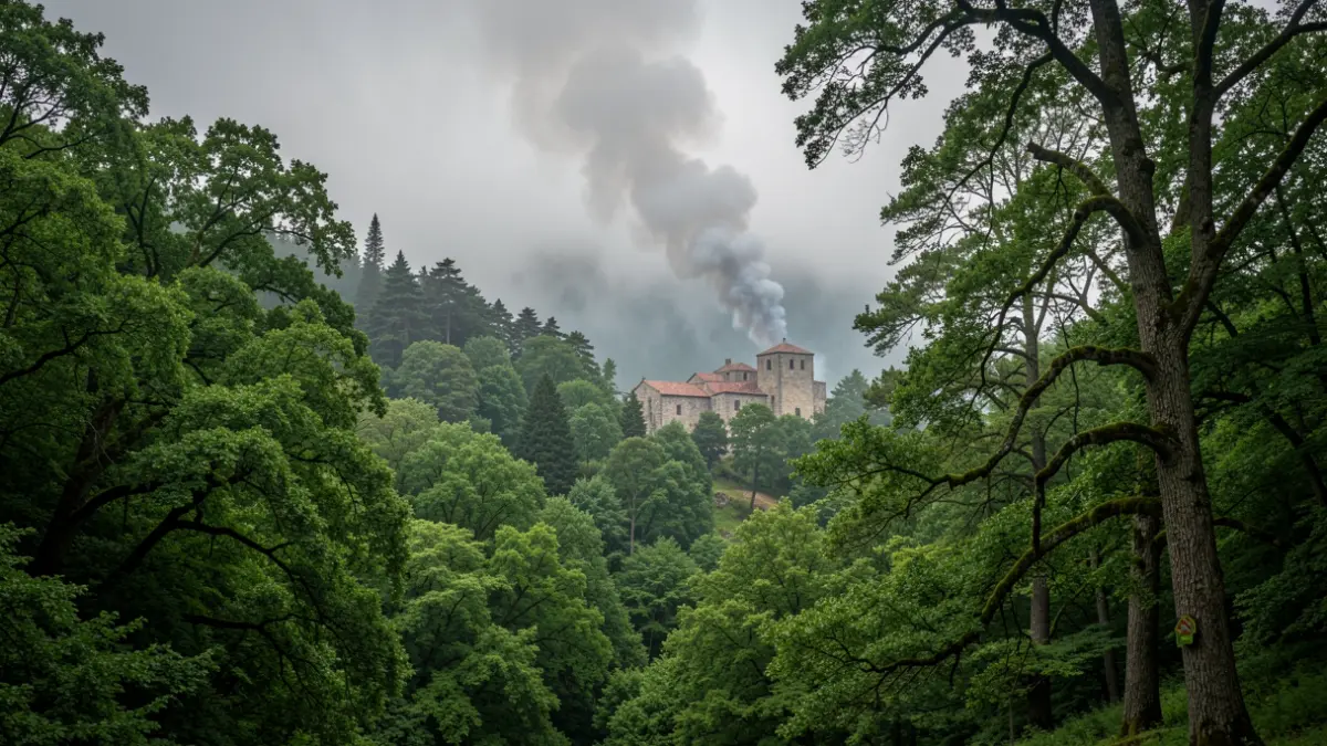 Imaxe xenérica de bosque galego con mosteiro e fume de incendio.