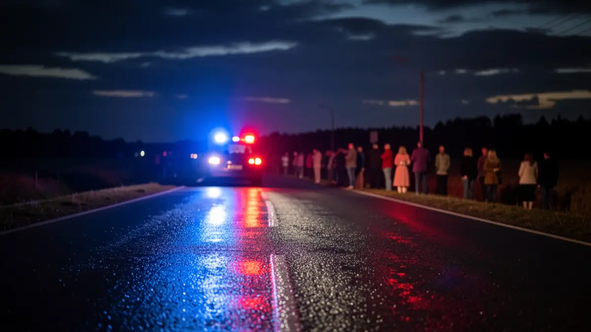 Imagen genérica de luces de emergencia azules y rojas reflejando en un asfalto mojado por la noche.