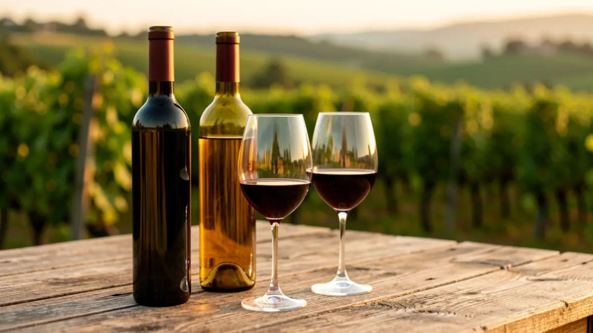 Primer plano de botellas de vino y copas en una mesa de madera rústica, con paisaje de viñedo verde desenfocado al fondo.