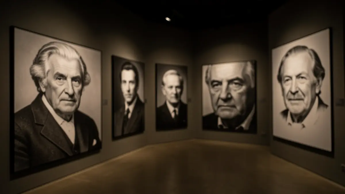 Imaxe xenérica dunha sala de exposicións de fotografía con retratos en branco e negro.