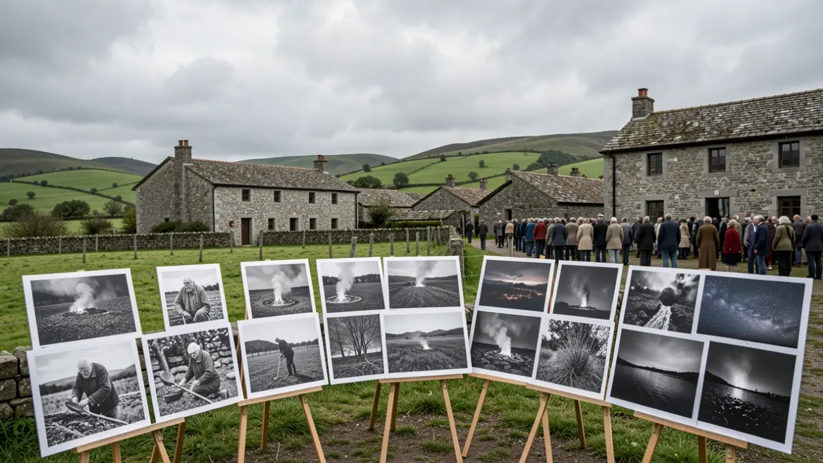 Imagen de una exposición fotográfica sobre el rural gallego en Ferrol, con imágenes de paisajes, personas mayores y elementos simbólicos.