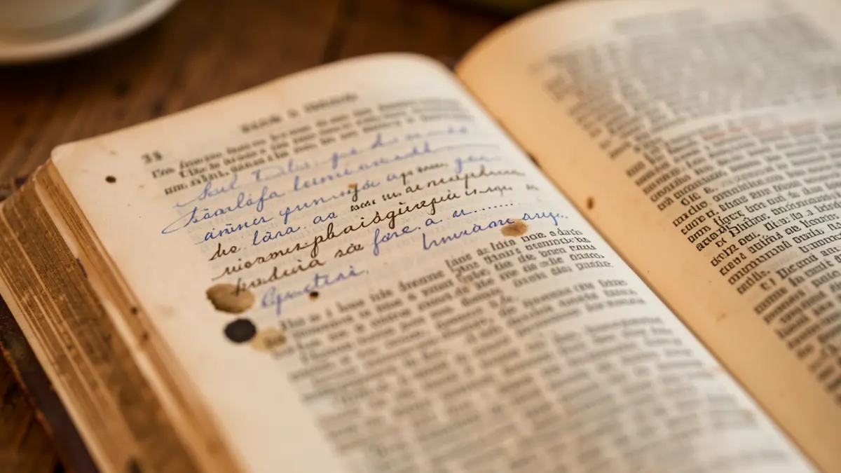 Imagen de un diccionario antiguo abierto con notas manuscritas y manchas de tinta, centrado en escritura gallega.