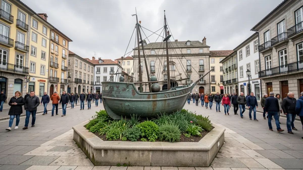 Imagen genérica de una escultura de barco pesquero en una avenida de Galicia.