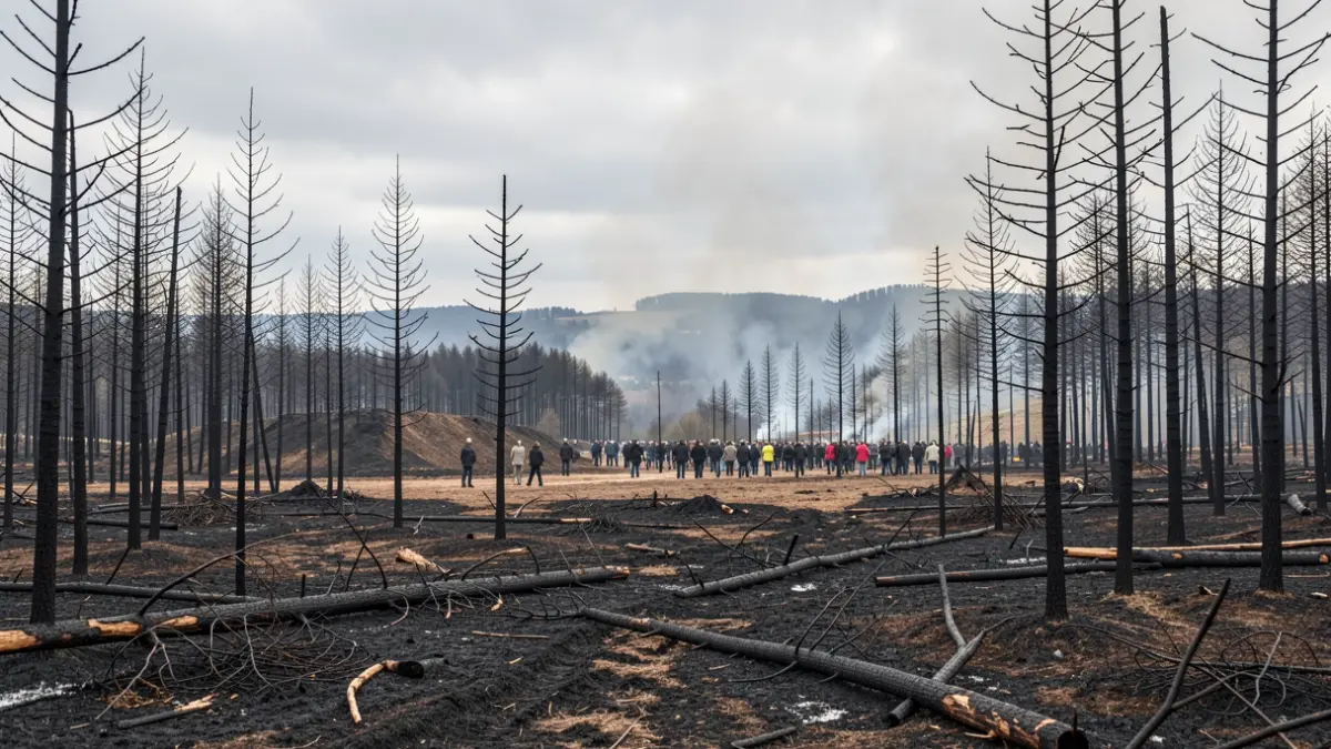 Imaxe xenérica de incendio forestal en Galicia, con árbores calcinadas e fume.