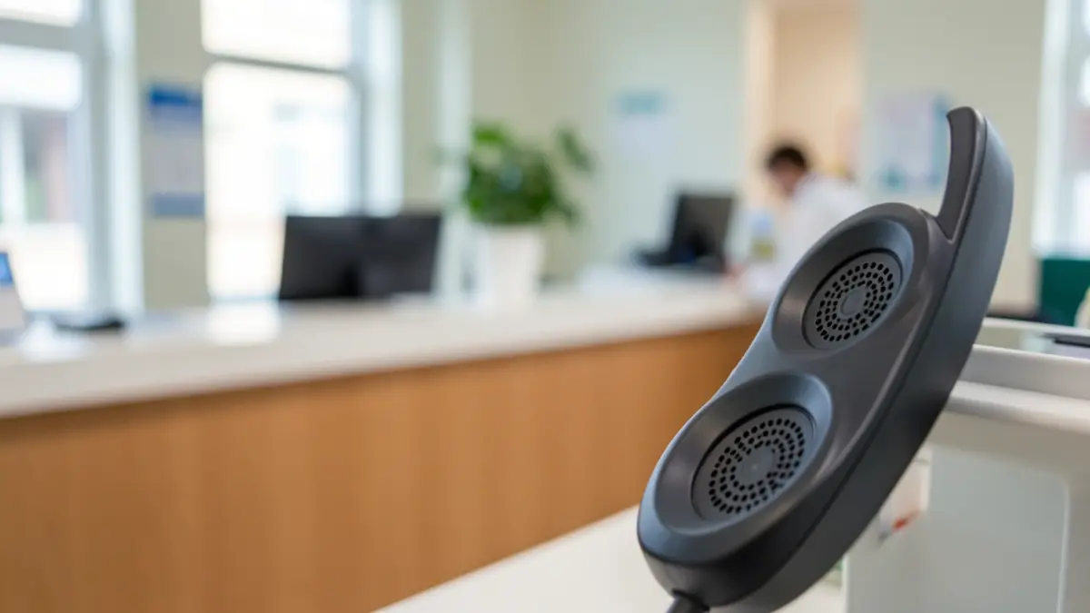Imaxe xenérica dun teléfono con fondo desfocado dunha recepción hospitalaria.