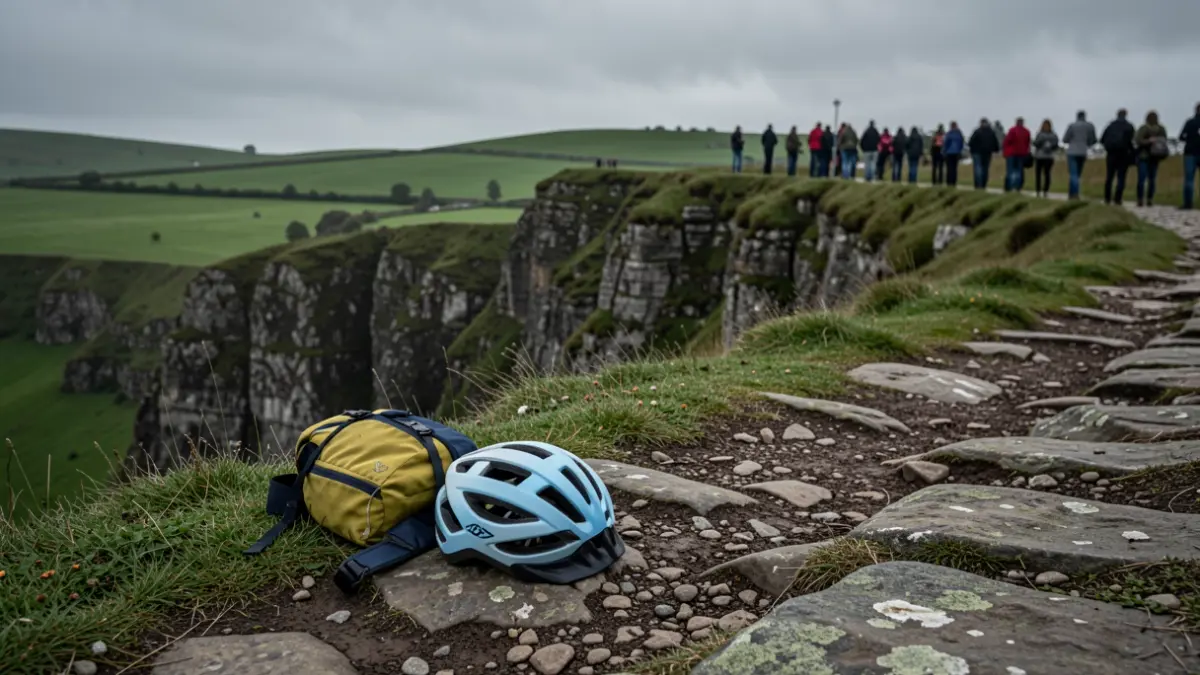 Imaxe dun casco e unha mochila de ciclista xunto a un barranco nunha paisaxe galega con ceo nubrado.