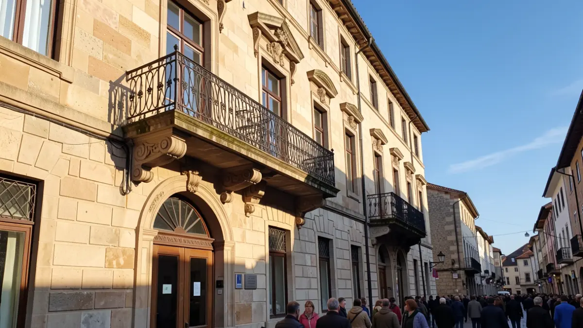Imaxe xenérica dunha fachada de concello galego de pedra con balcón ornamentado e raís de ferro, luz solar cálida da tarde proxectando sombras nas paredes de arenito, ceo azul, estilo fotografía documental.