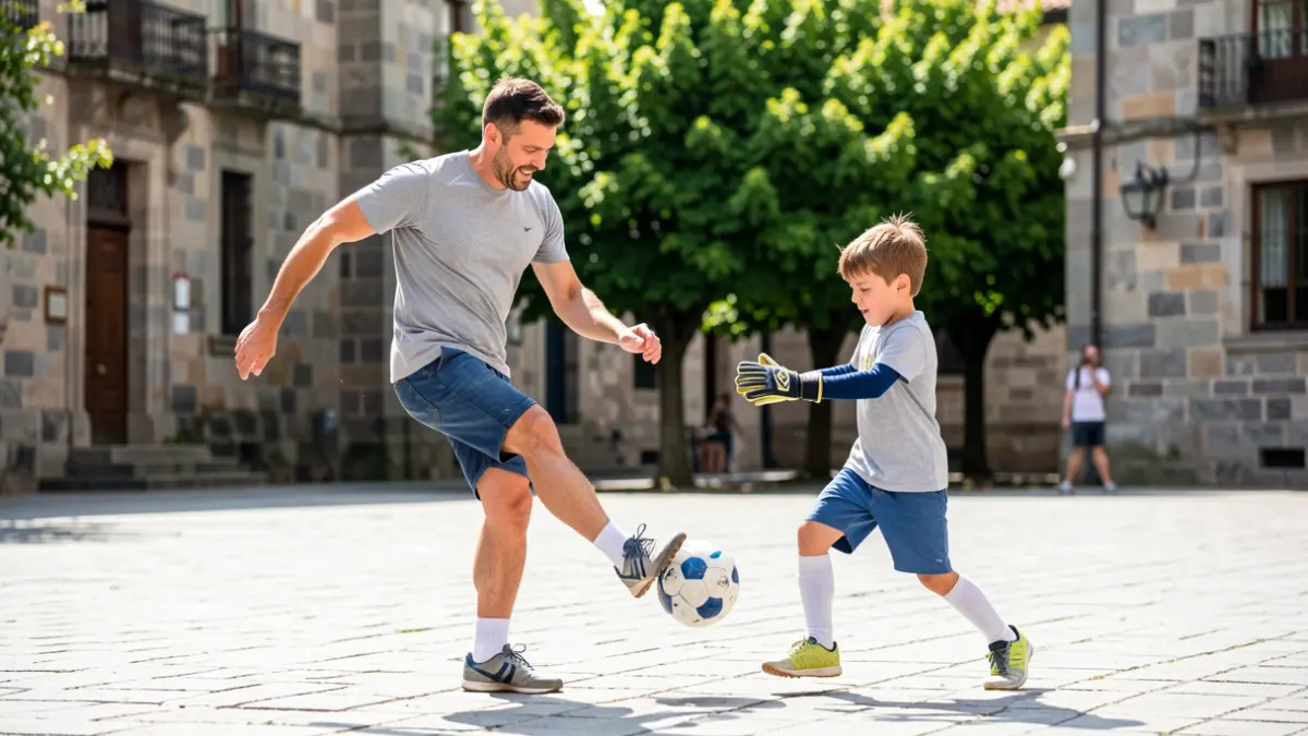 Imaxe dun pai e un fillo xogando ao fútbol nunha praza de Galicia.