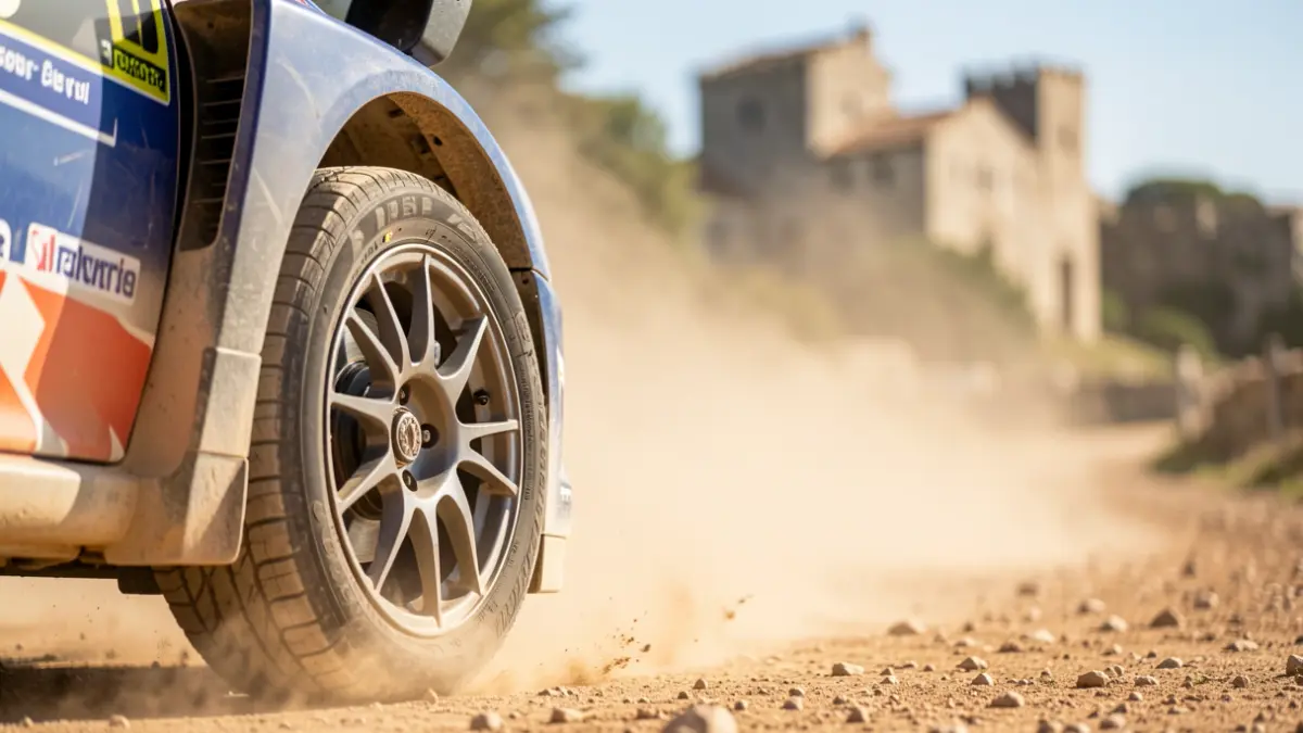 Imaxe xenérica dunha roda de coche de rally nunha pista poeirenta con calor.