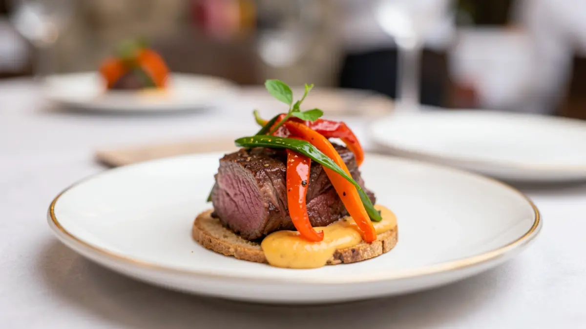 Primera imagen de una tapa creativa de ternera gallega estofada con teriyaki y emulsión de zanahoria.