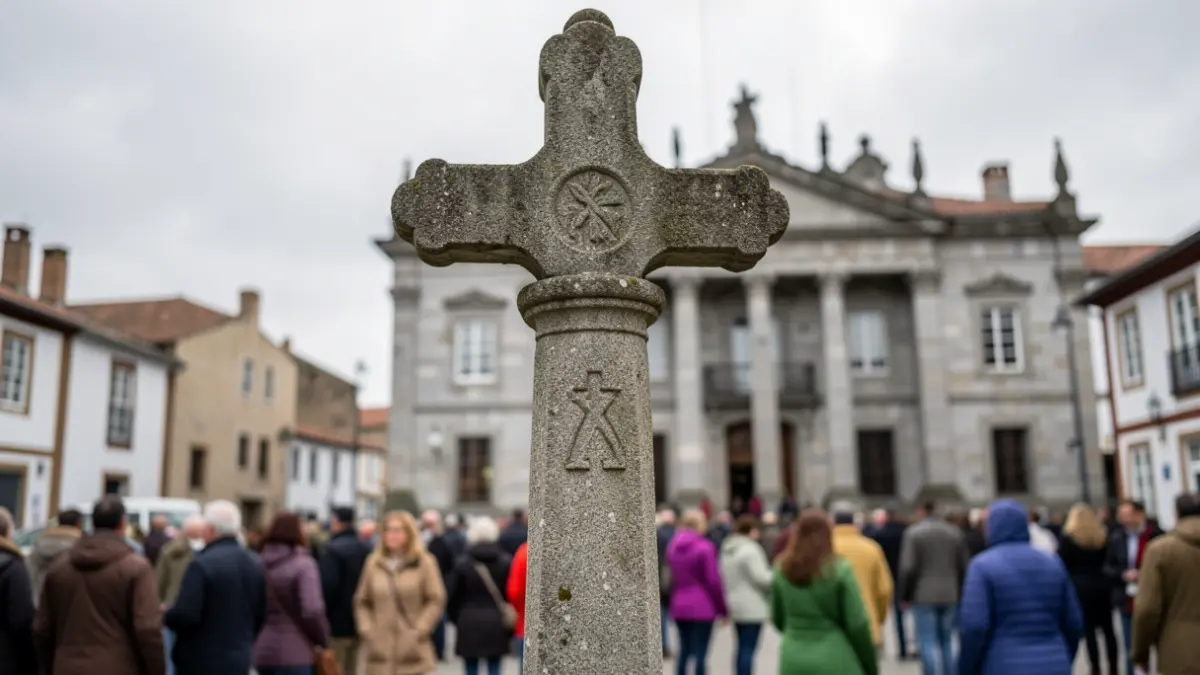 Imaxe xenérica dun cruceiro galego cunha fachada de concello ao fondo.