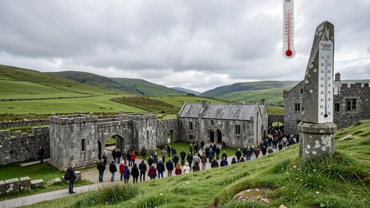 Imaxe xenérica dun termómetro nunha paisaxe galega con arquitectura de granito e ceo nubrado.