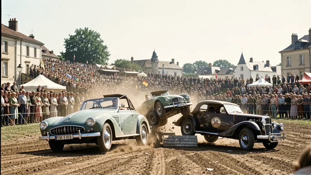 Imagen de archivo de un espectáculo de coches de riesgo con multitud de espectadores.