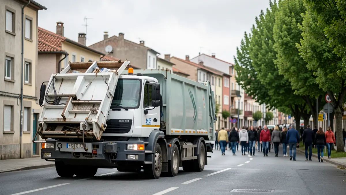 Camión de basura estacionado en una calle de Poio, Galicia, con edificios residenciales y árboles verdes al fondo, cielo nublado.