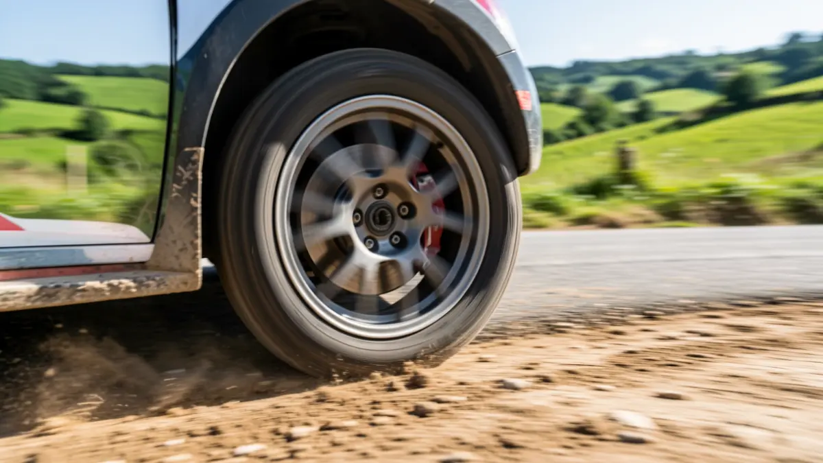 Imaxe dun coche de rally nunha pista mixta de asfalto e terra en Galicia.