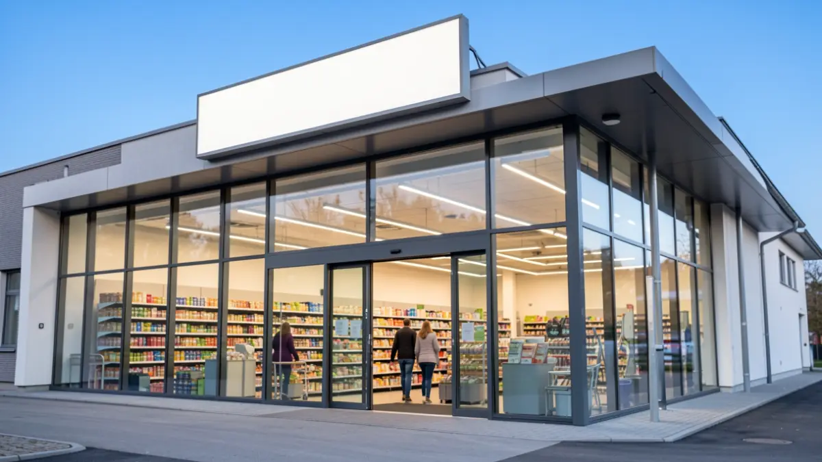 Imaxe xenérica dun supermercado moderno con entrada e interior visible.