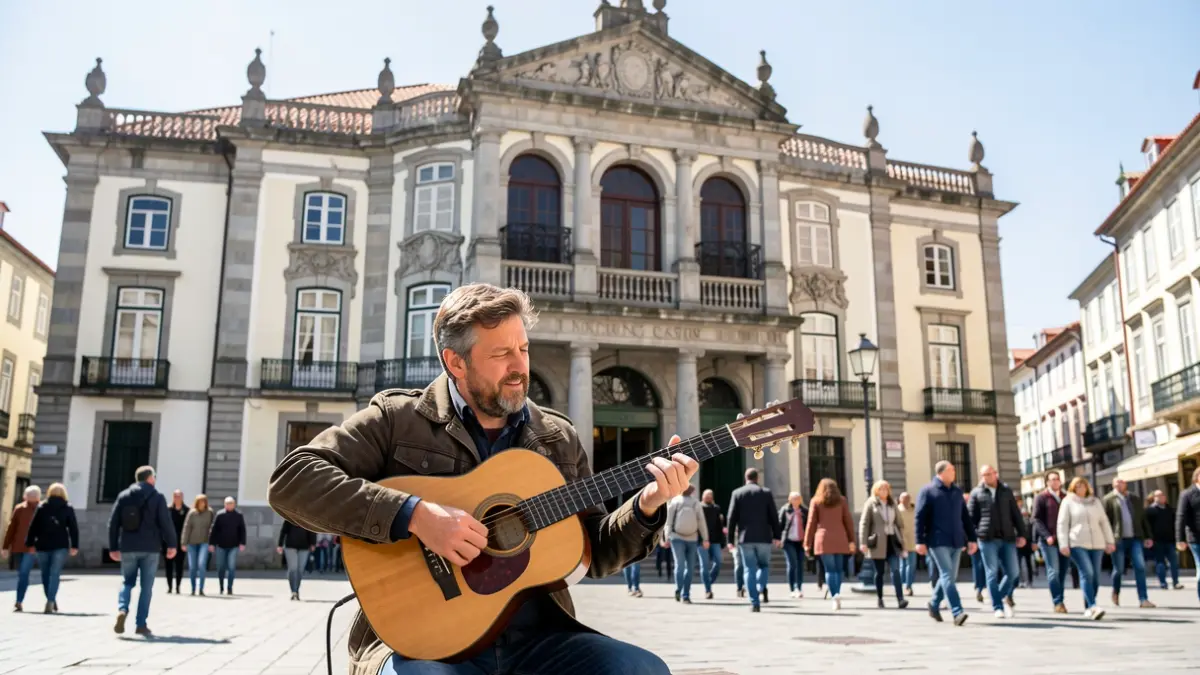 Imagen de un músico callejero tocando un instrumento de cuerda frente a la fachada del Teatro Rosalía de Castro en A Coruña.