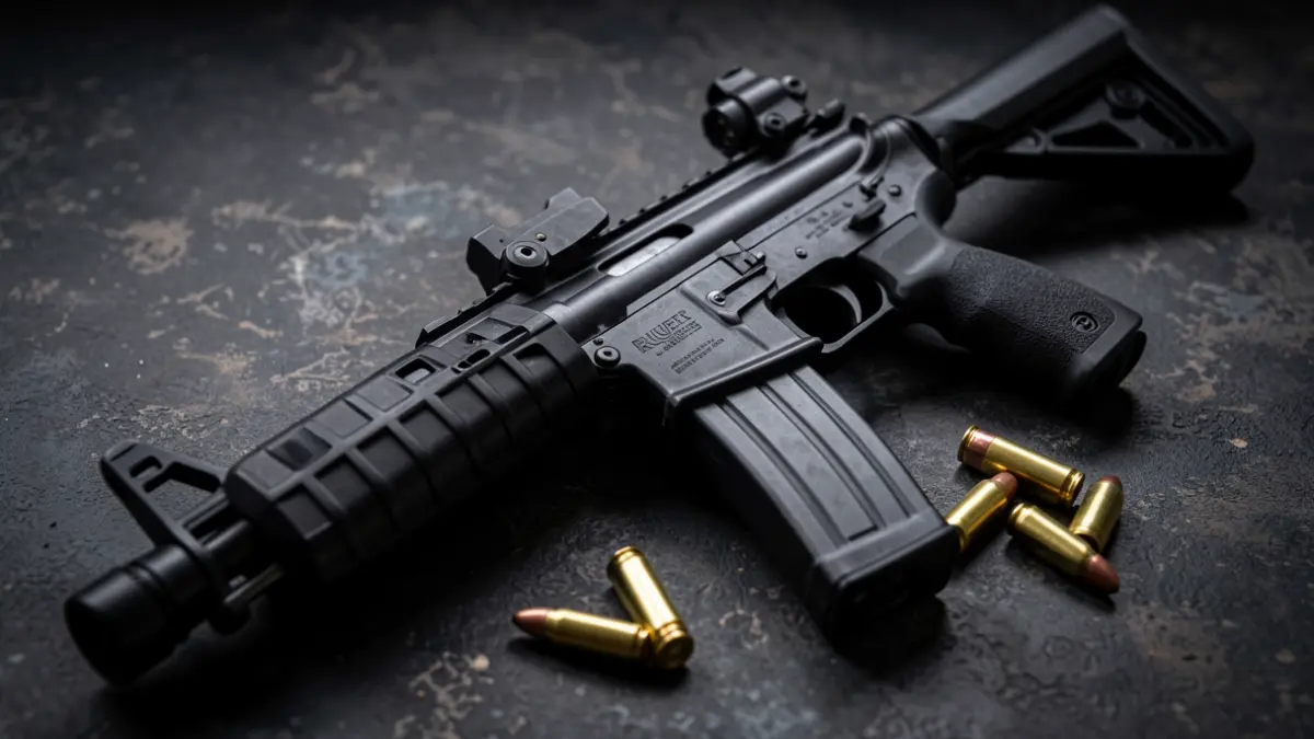 Primeira plana dun rifle de asalto Ruger con munición, sobre unha superficie escura.