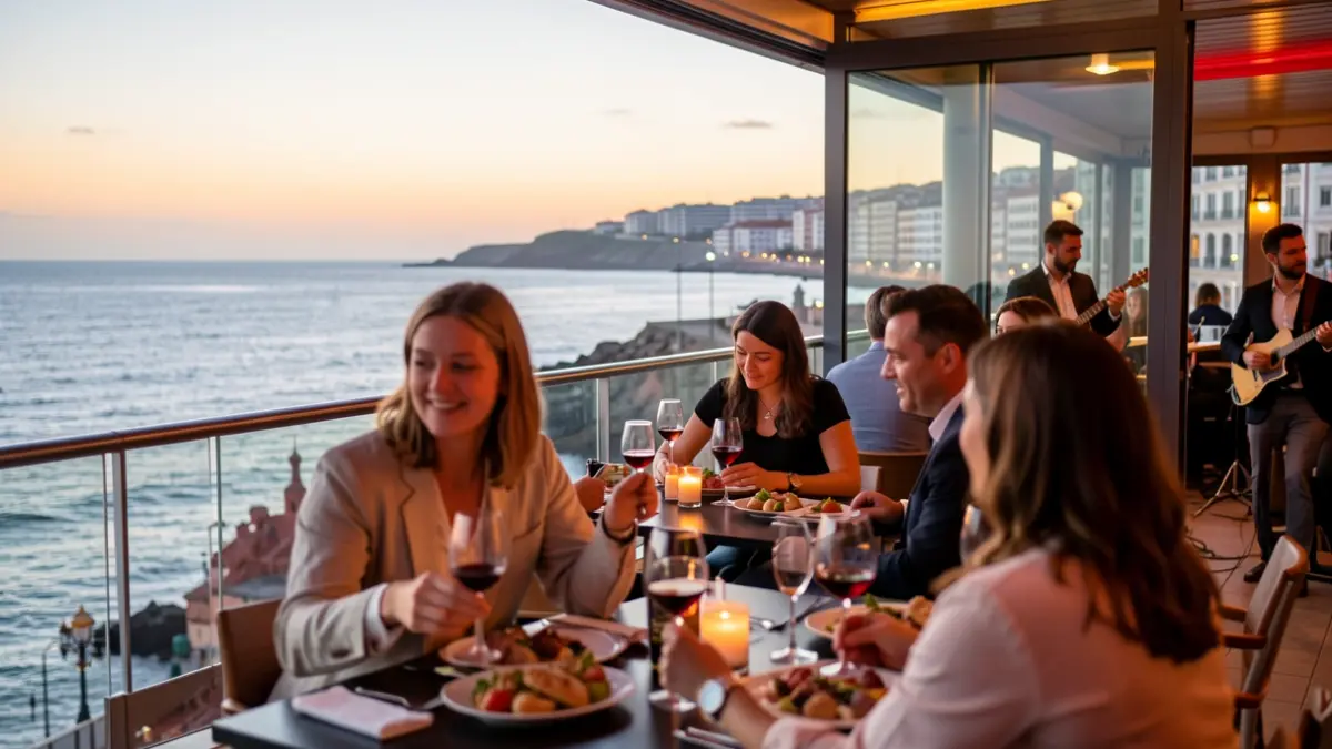 Imaxe dun evento social nocturno fronte ao mar na Coruña con música e gastronomía.