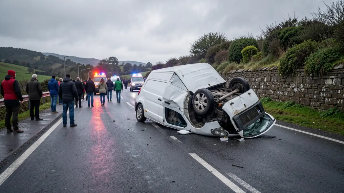 Imaxe dunha furgoneta branca envorcada nunha estrada mollada en Galicia, con luces de emerxencia.