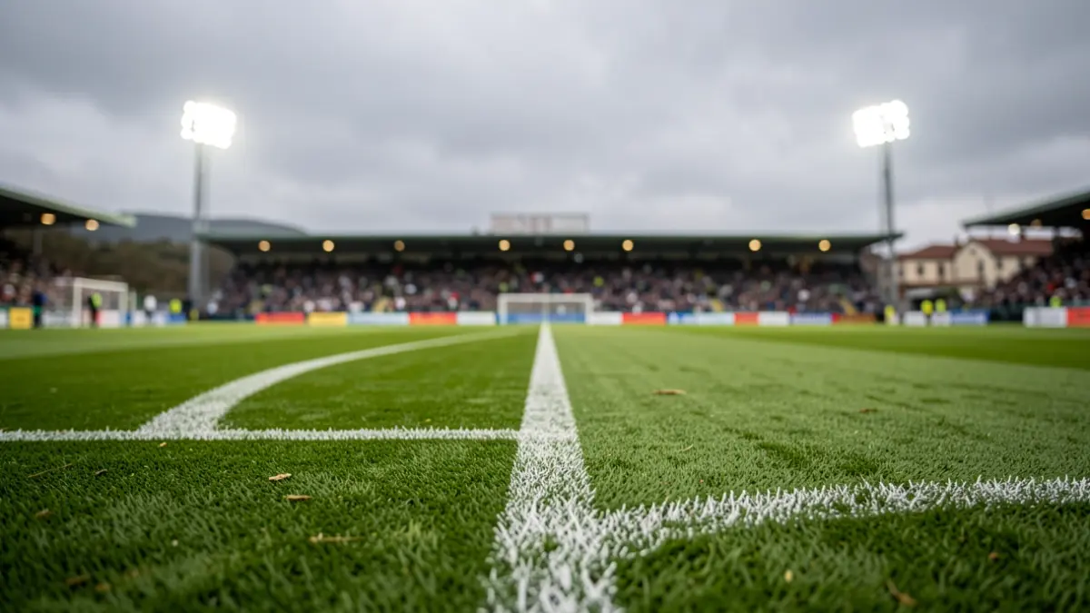 Imaxe xenérica dun campo de fútbol en Galicia con herba verde e liñas brancas.