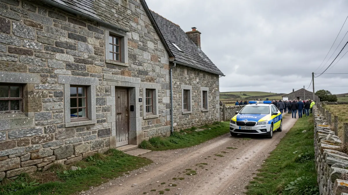 Imaxe xenérica de fachada de casa rural galega con coche da Garda Civil ao fondo.